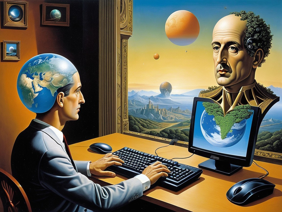 Surreal Scene of Man with Globe Head at Computer