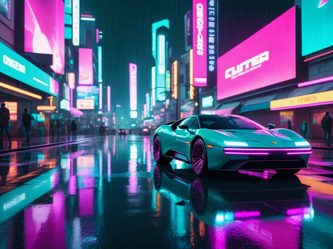 Futuristic Car in Neon-Lit Urban Nightscape