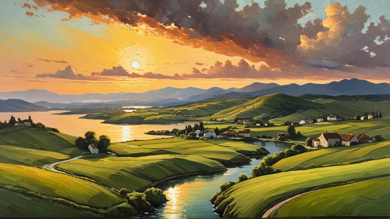 Serene Sunset Landscape with Rolling Hills and River