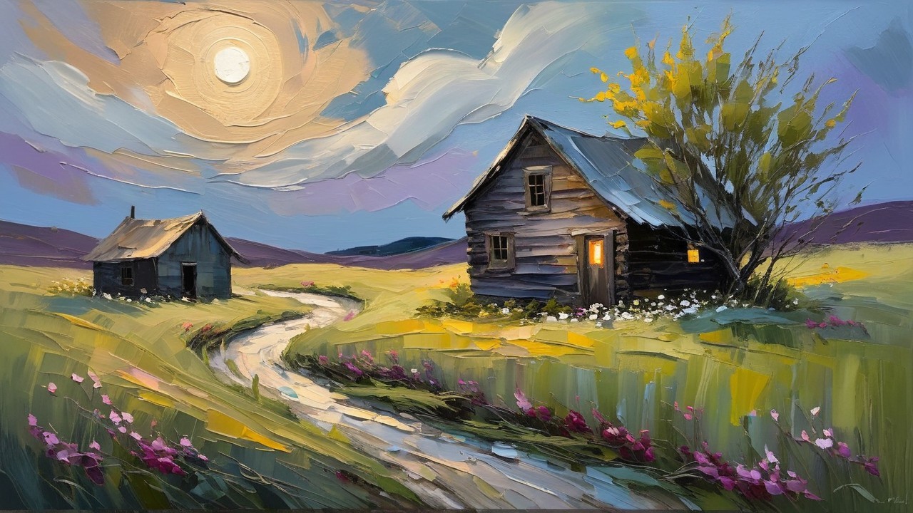 Serene Landscape with Rustic Houses and Moonlight