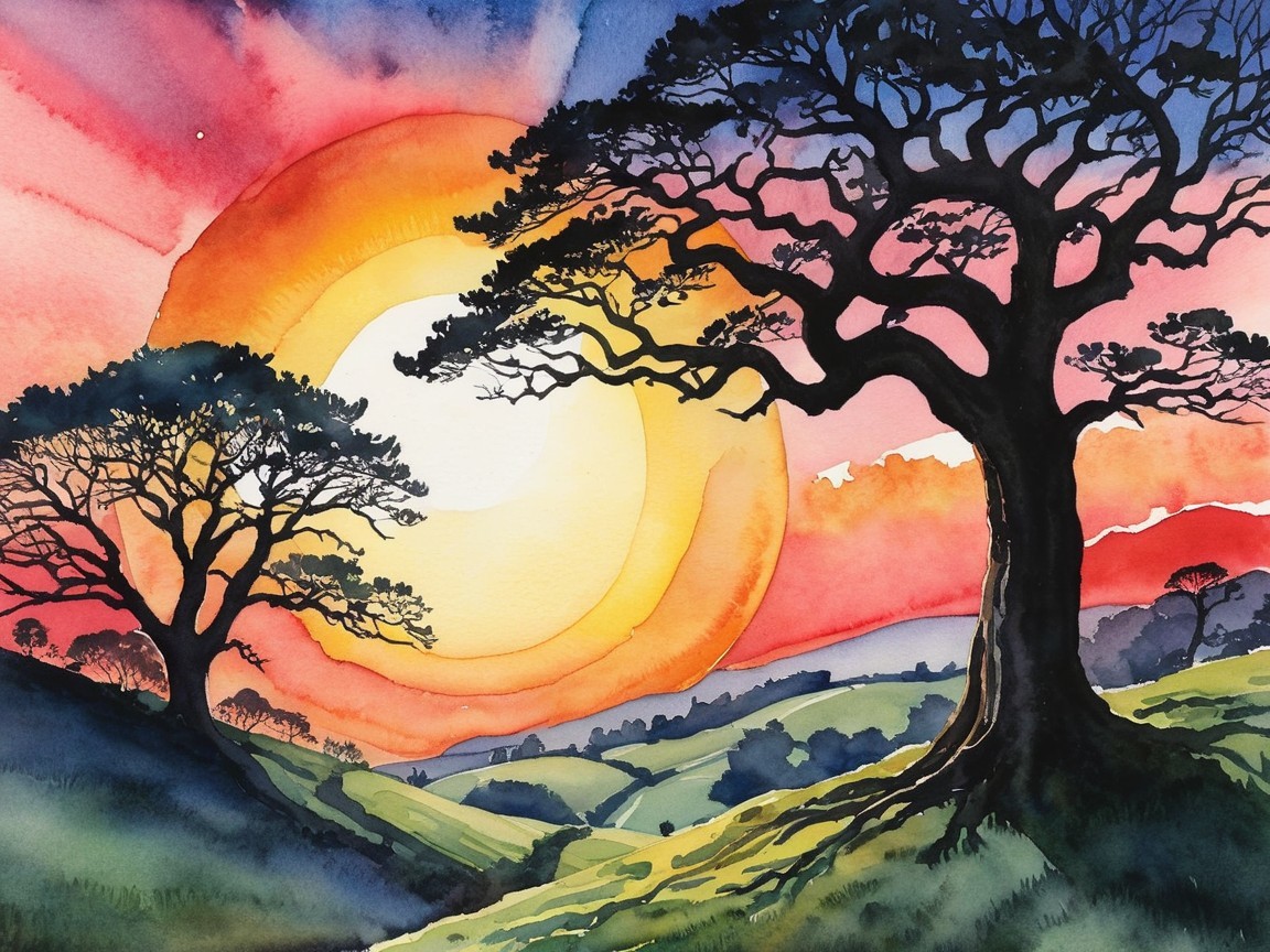 Vibrant Watercolor Landscape with Sunset and Trees
