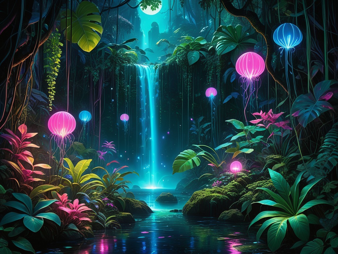 Bioluminescent Jungle with Vibrant Waterfall and Creatures