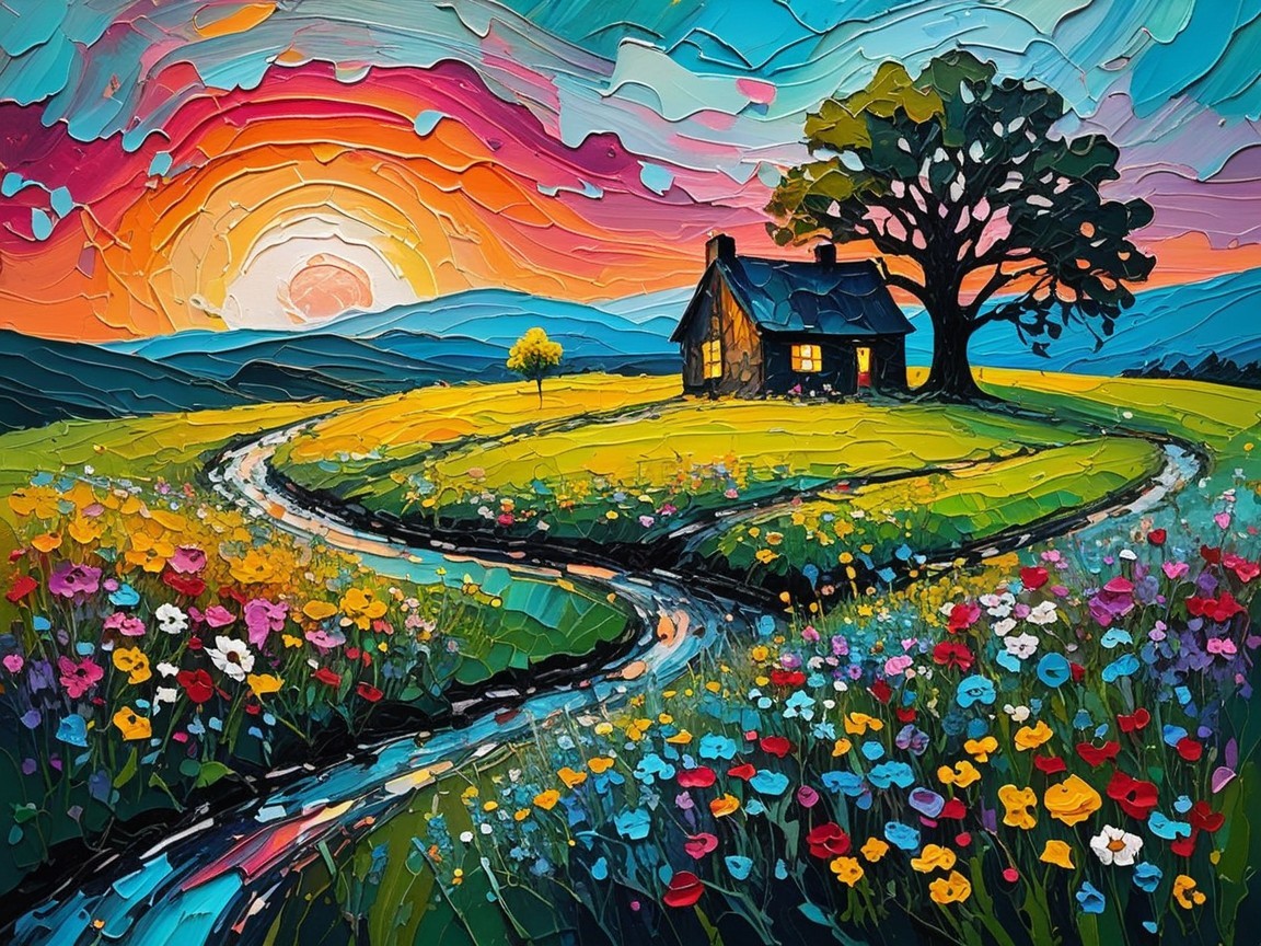Vibrant Landscape with Cottage and Colorful Sunset