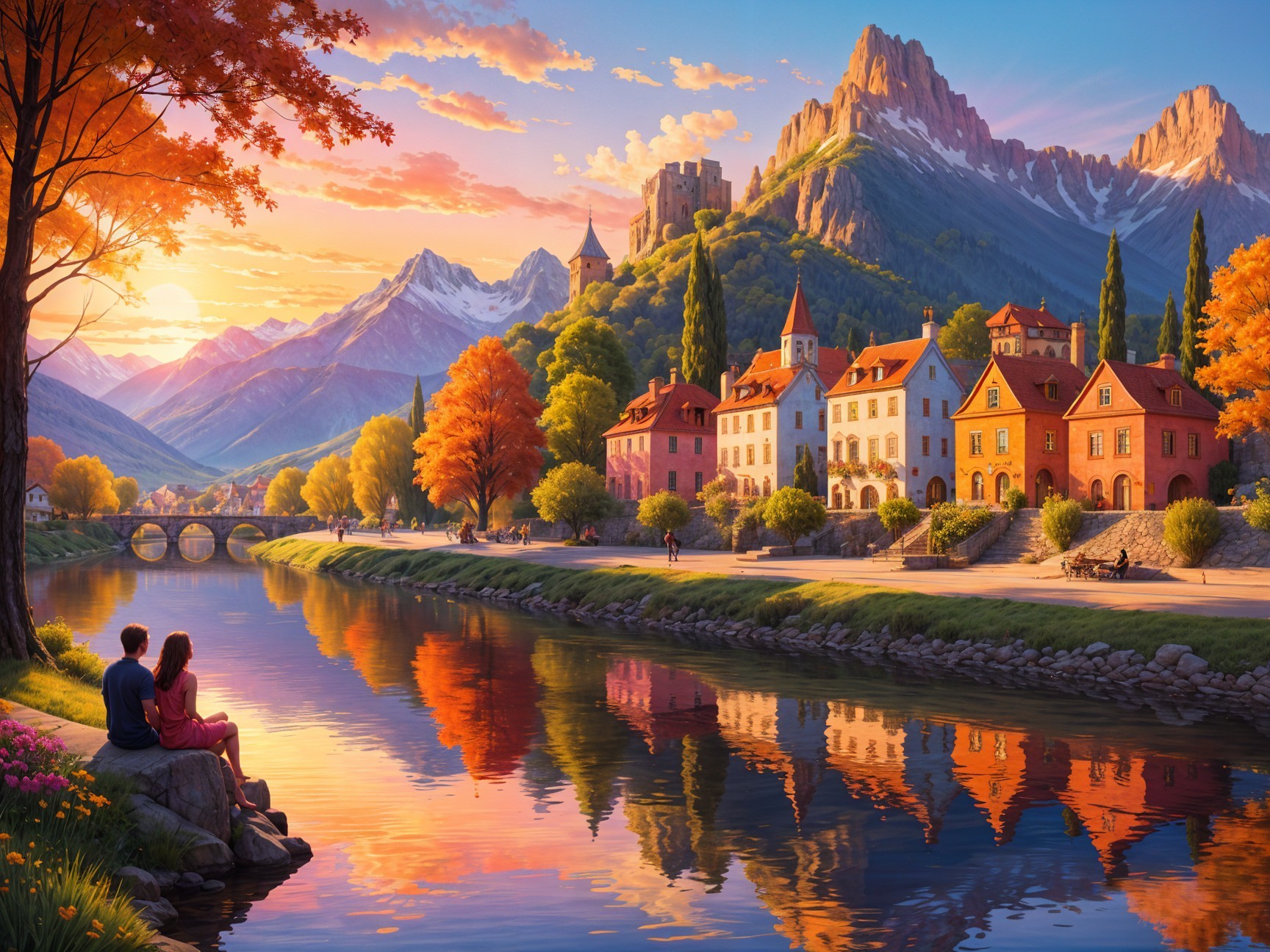 Serene sunset over a picturesque village by a river