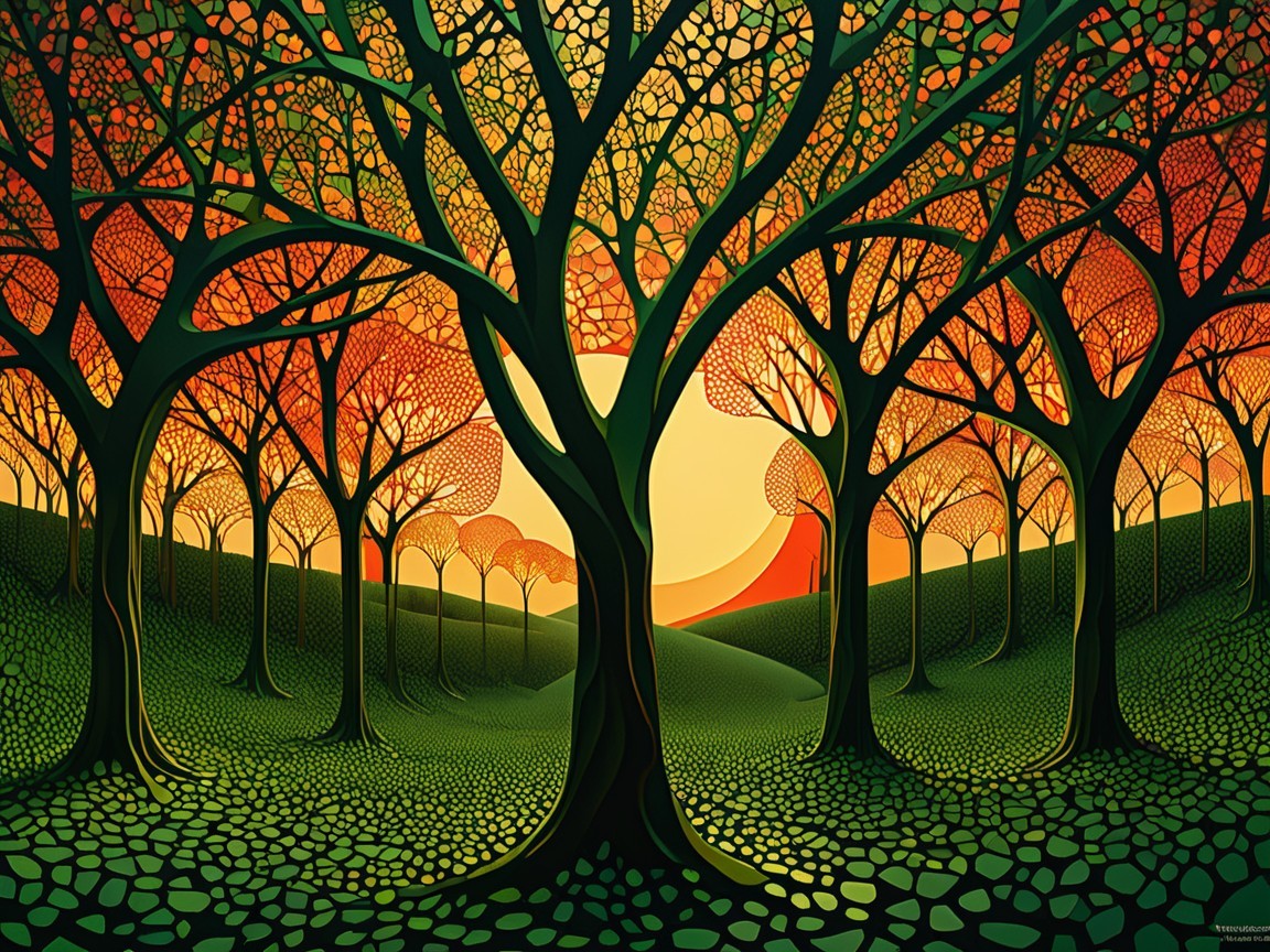 Vibrant Landscape with Stylized Trees and Sunset Glow