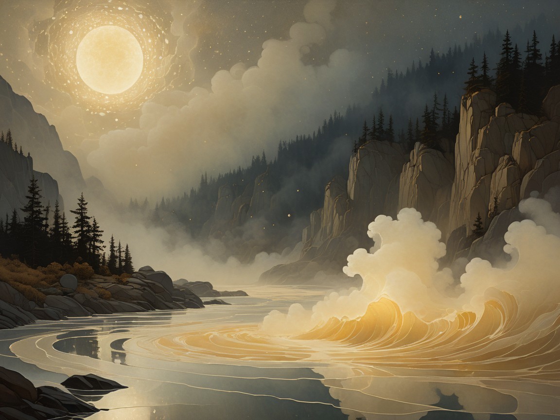 Serene landscape with moonlit river and mountains