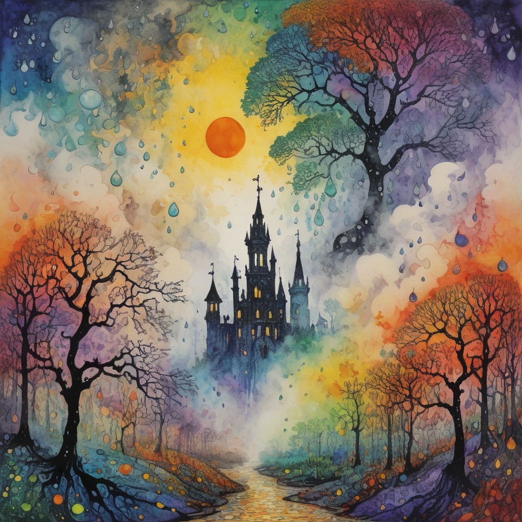 Whimsical Landscape with Colorful Trees and Castle