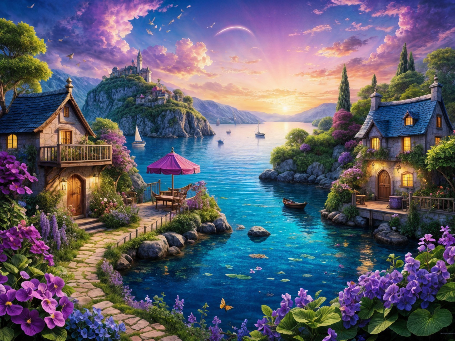 Lakeside Sunset with Cottages and Vibrant Flowers