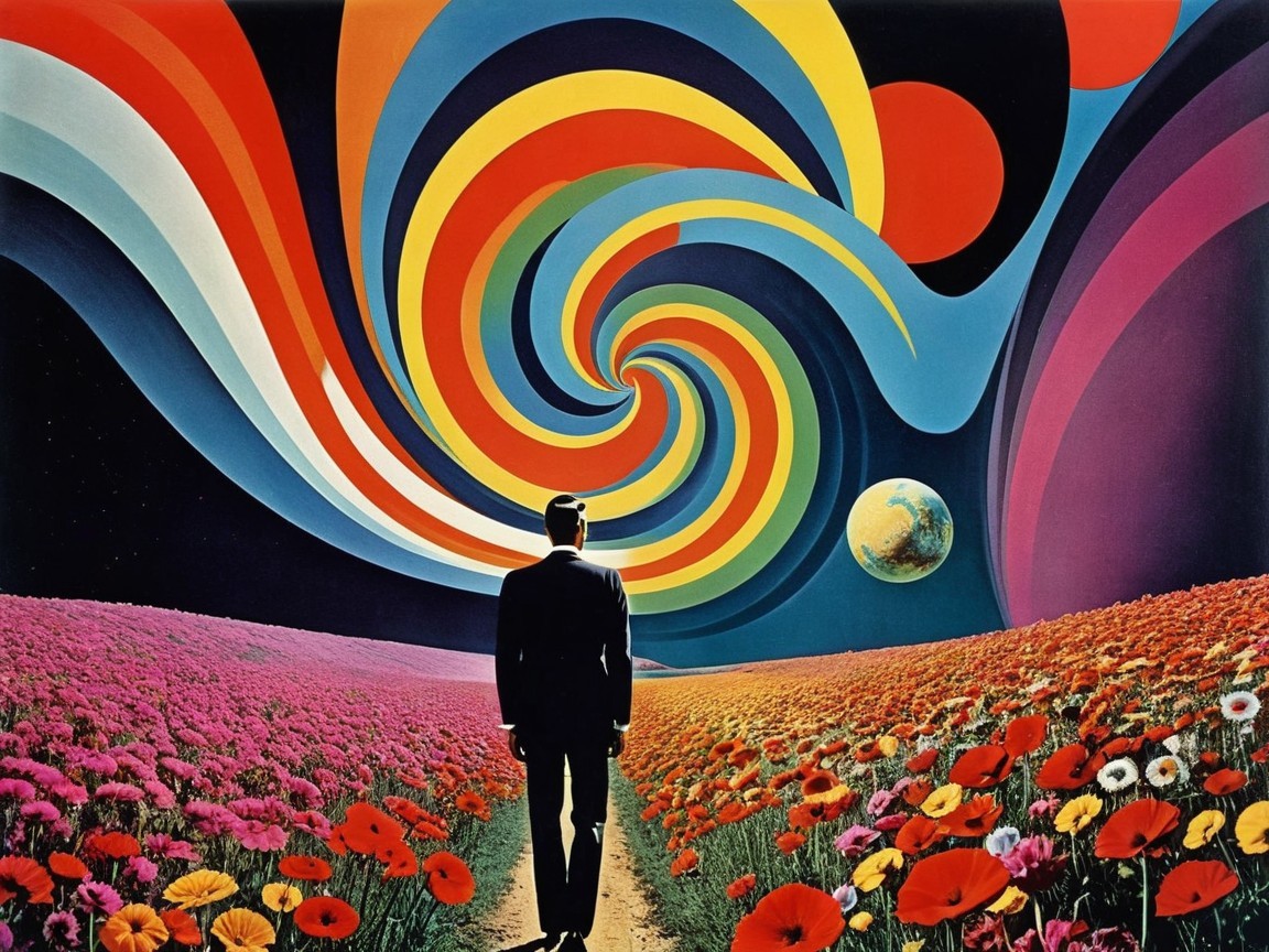 Surreal Figure in Colorful Flower Field and Sky