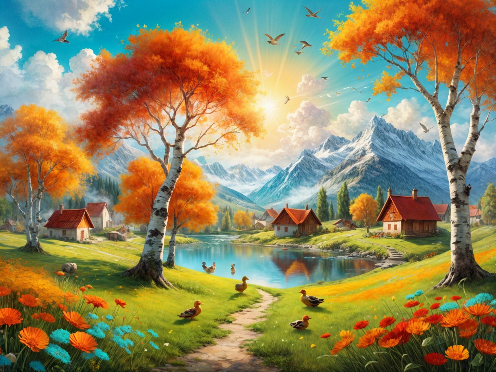 Tranquil Lake Surrounded by Autumn Foliage and Cottages