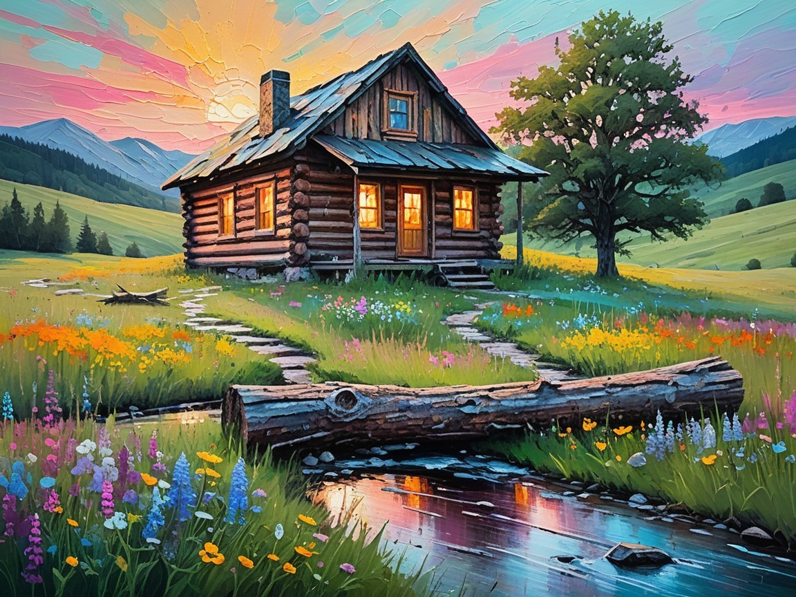 Log cabin in a meadow with wildflowers and mountains