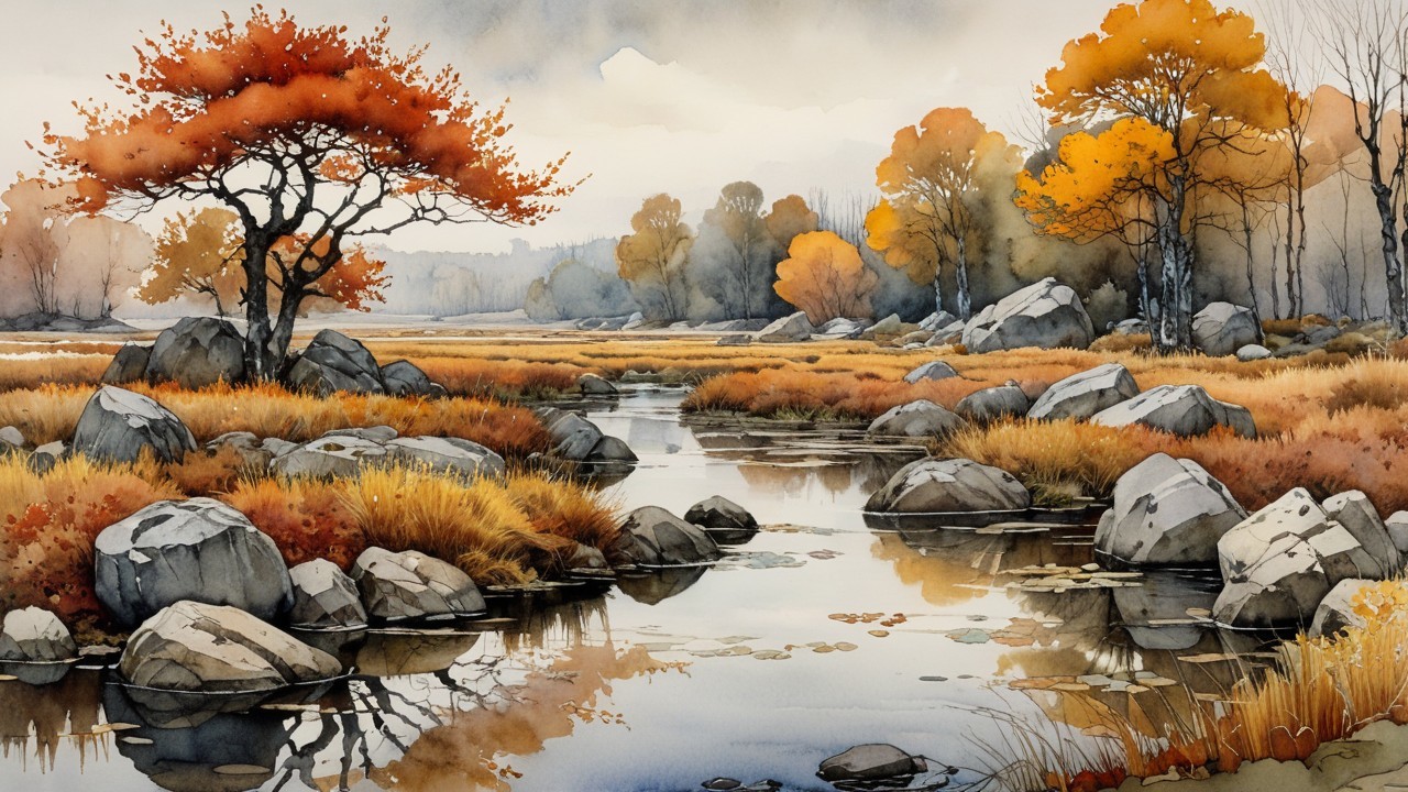 Serene River in Autumn Landscape with Vibrant Trees