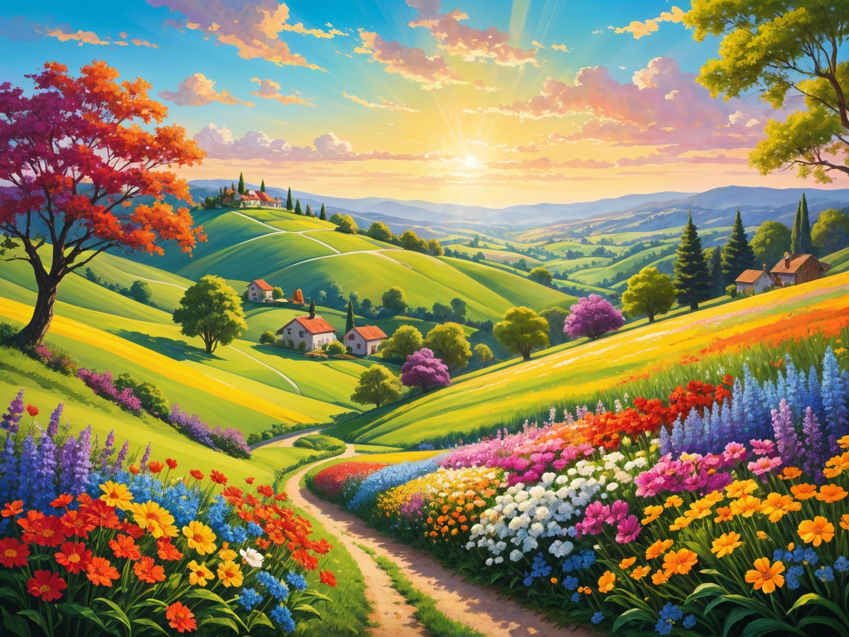 Vibrant Countryside Landscape with Rolling Hills and Cottages