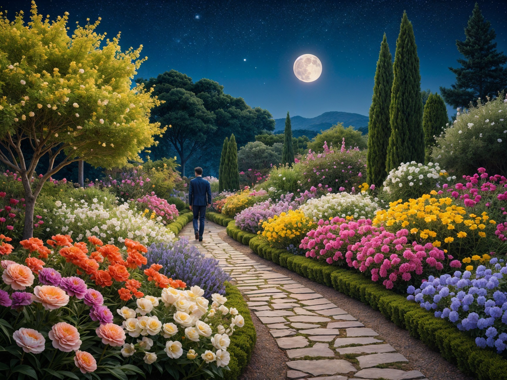 Serene garden path with vibrant flowers under moonlight