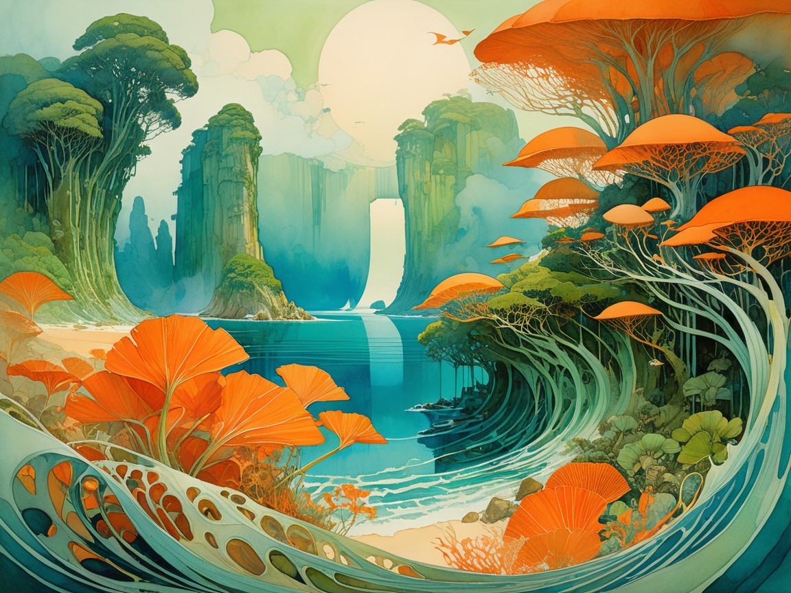 Vibrant Otherworldly Landscape with Waterfalls and Mist