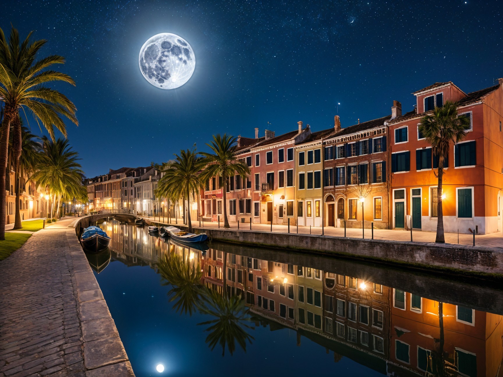 Nighttime Canal Scene with Colorful Buildings and Moonlight