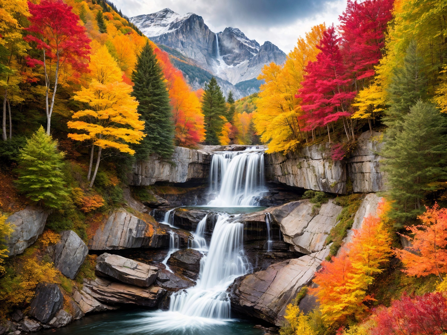 Waterfall Surrounded by Autumn Foliage and Mountains