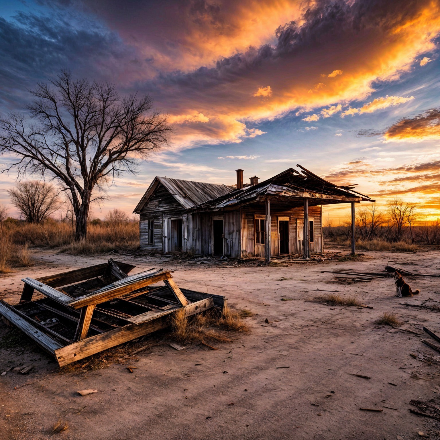 Abandoned House at Sunset with Dramatic Skies