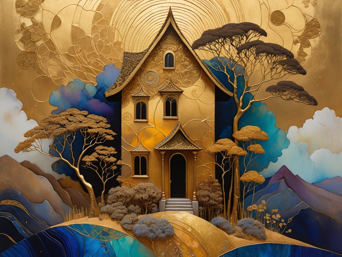 Golden-Hued House in a Dreamlike Landscape