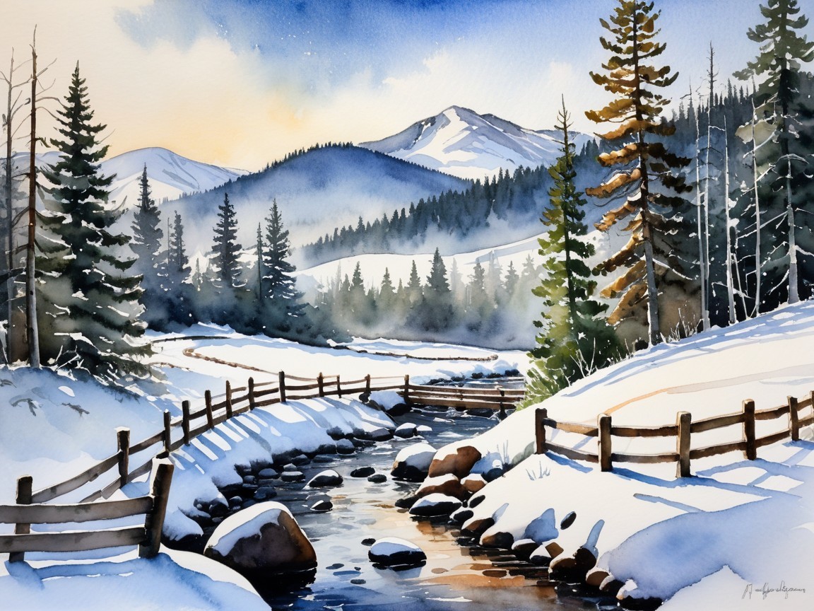 Serene Winter Landscape with River and Mountains