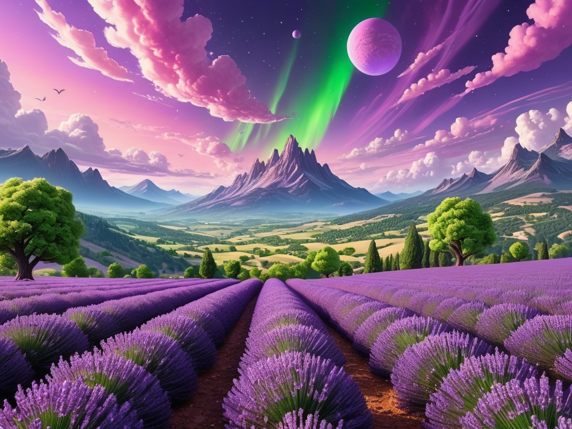 Vibrant Lavender Fields with Majestic Mountains and Auroras