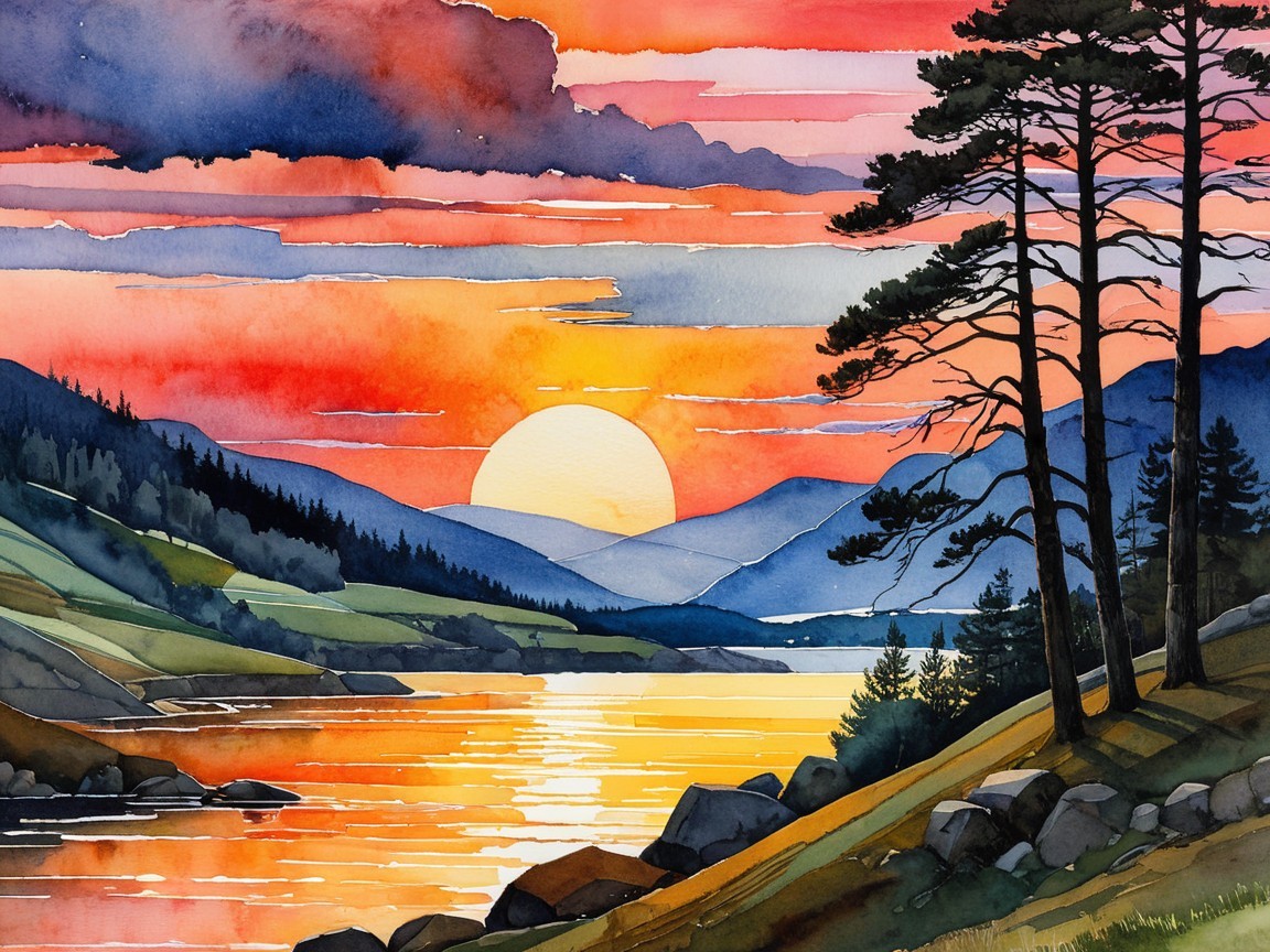 Sunset Landscape Over Tranquil Lake with Mountains