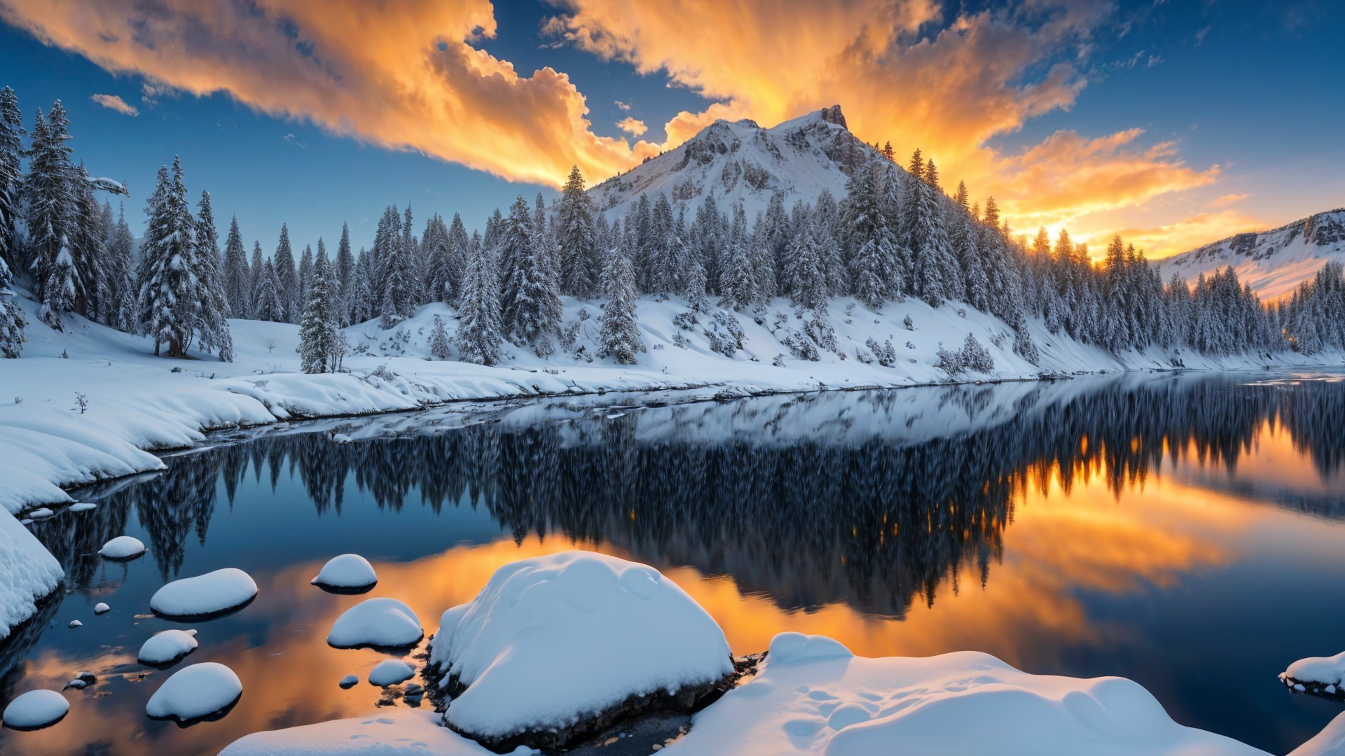 Serene Winter Landscape with Sunset Reflections