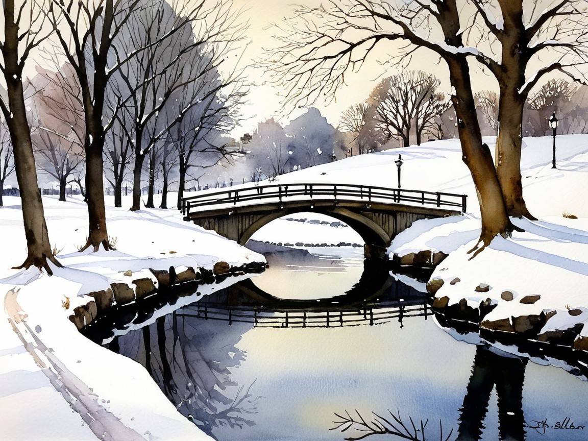 Winter Scene with Bridge Over Snow-Covered River