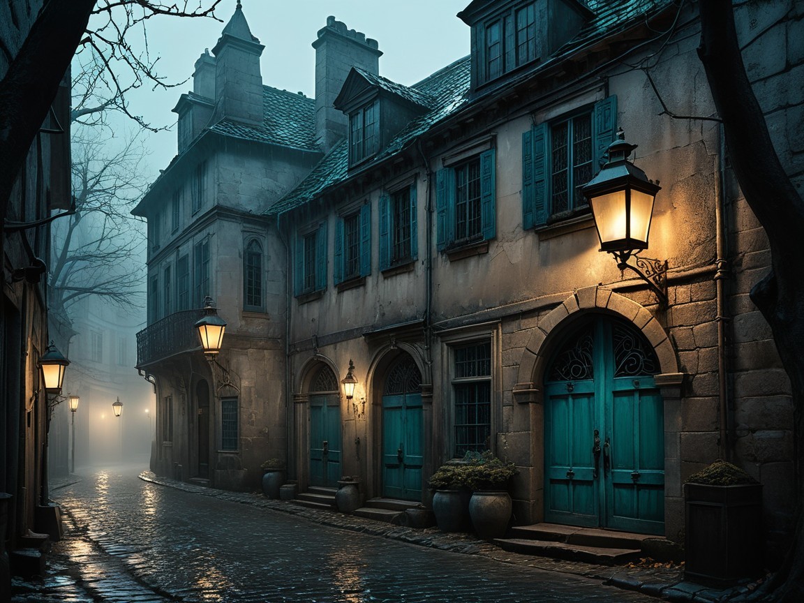Foggy Street Scene with Old Buildings and Lanterns