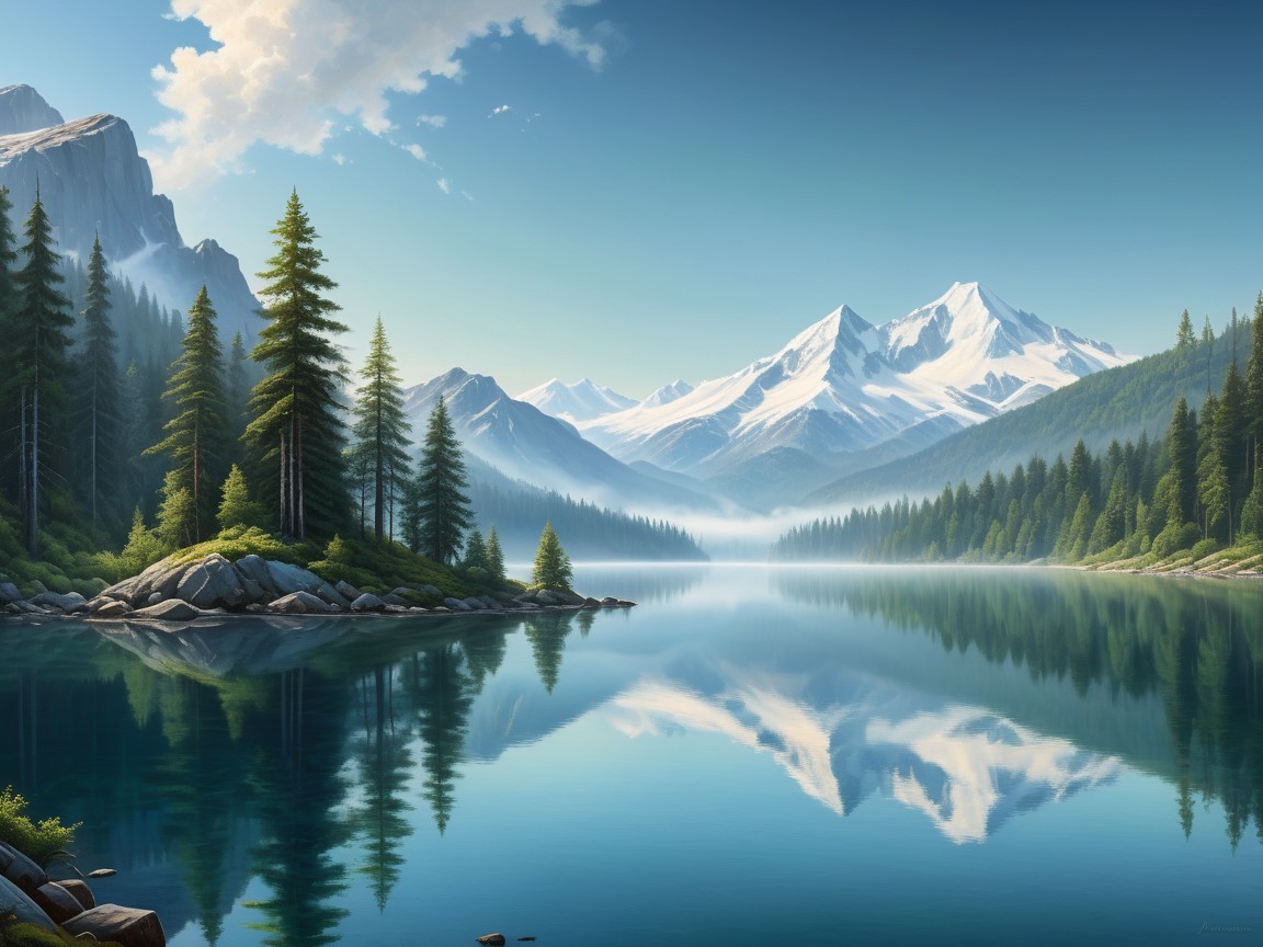 Serene Landscape with Lake and Majestic Mountains
