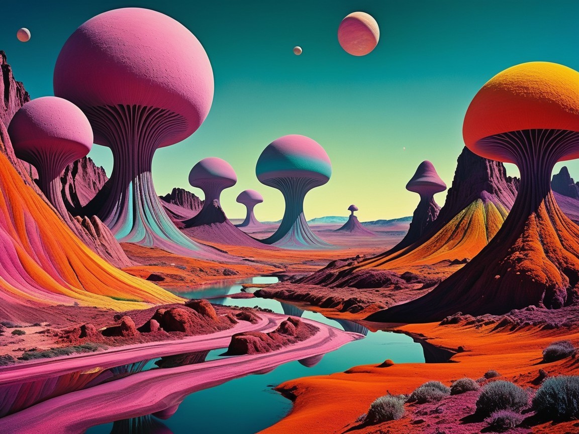 Surreal Landscape with Colorful Mushroom Structures