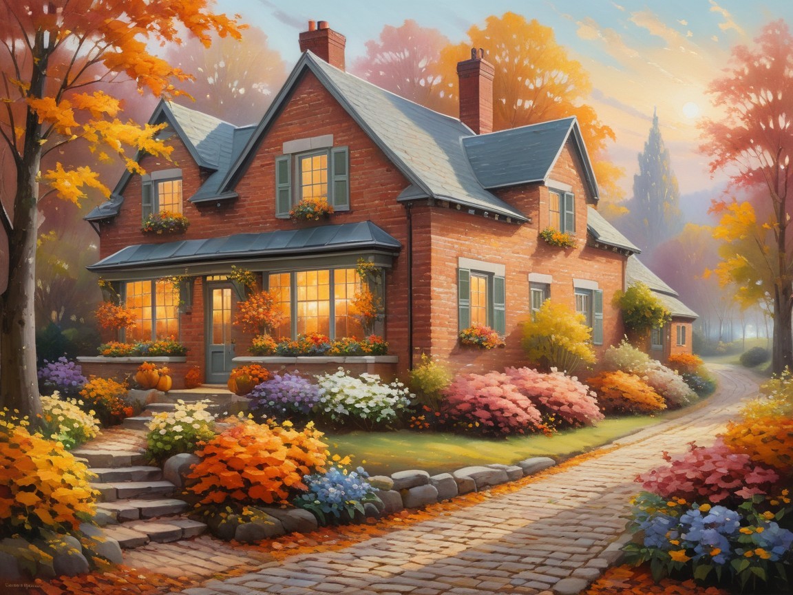 Charming Brick Cottage Surrounded by Autumn Foliage