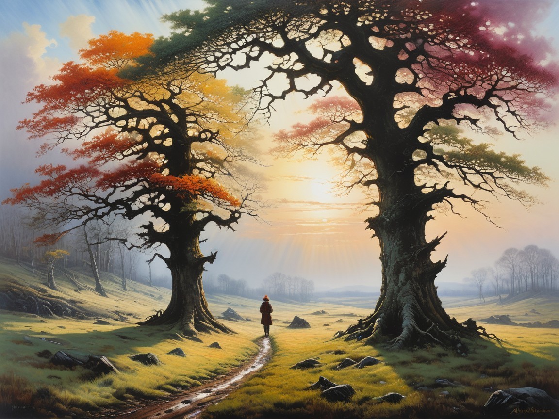Serene Landscape with Autumn Trees and Sunrise