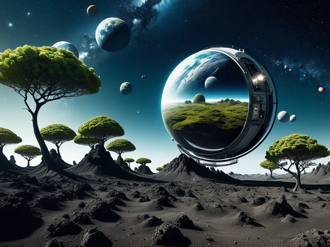 Futuristic Sphere in Surreal Starry Landscape