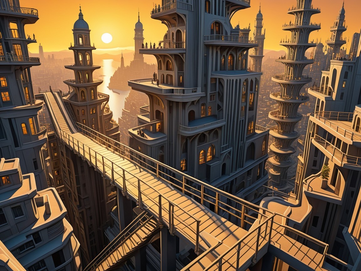 Futuristic cityscape at sunset with unique architecture
