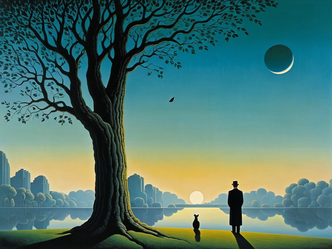 Silhouetted Man and Dog by Tranquil Water at Sunset