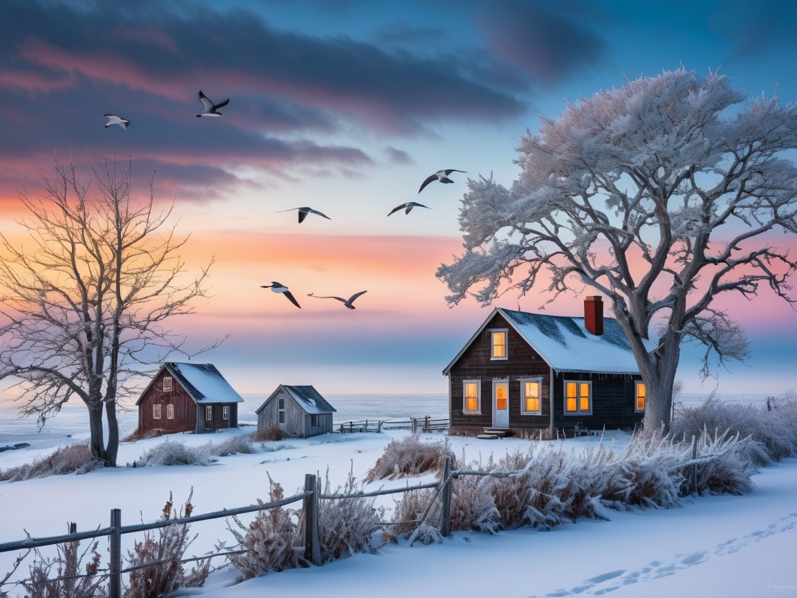 Serene winter landscape with glowing houses and twilight sky