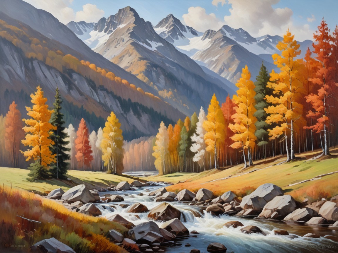 Autumn Landscape with River and Snow-Capped Mountains