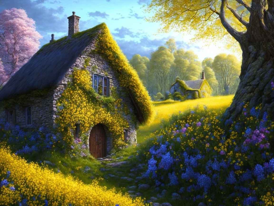 Quaint Stone Cottage Surrounded by Vibrant Nature