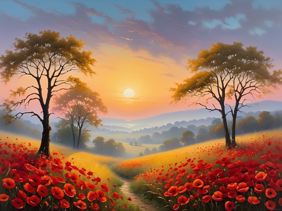Vibrant Poppy Fields with Sunset and Rolling Hills