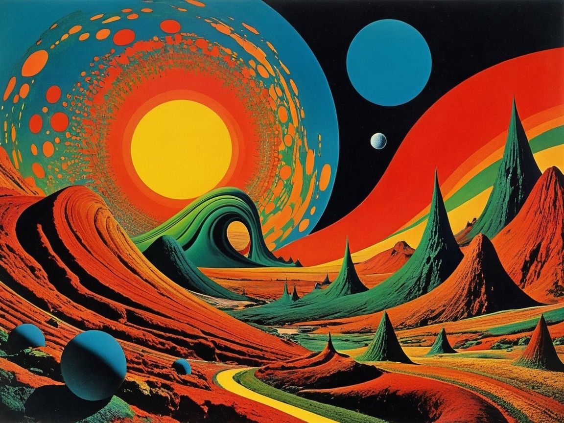 Surreal Landscape with Vibrant Colors and Cosmic Elements