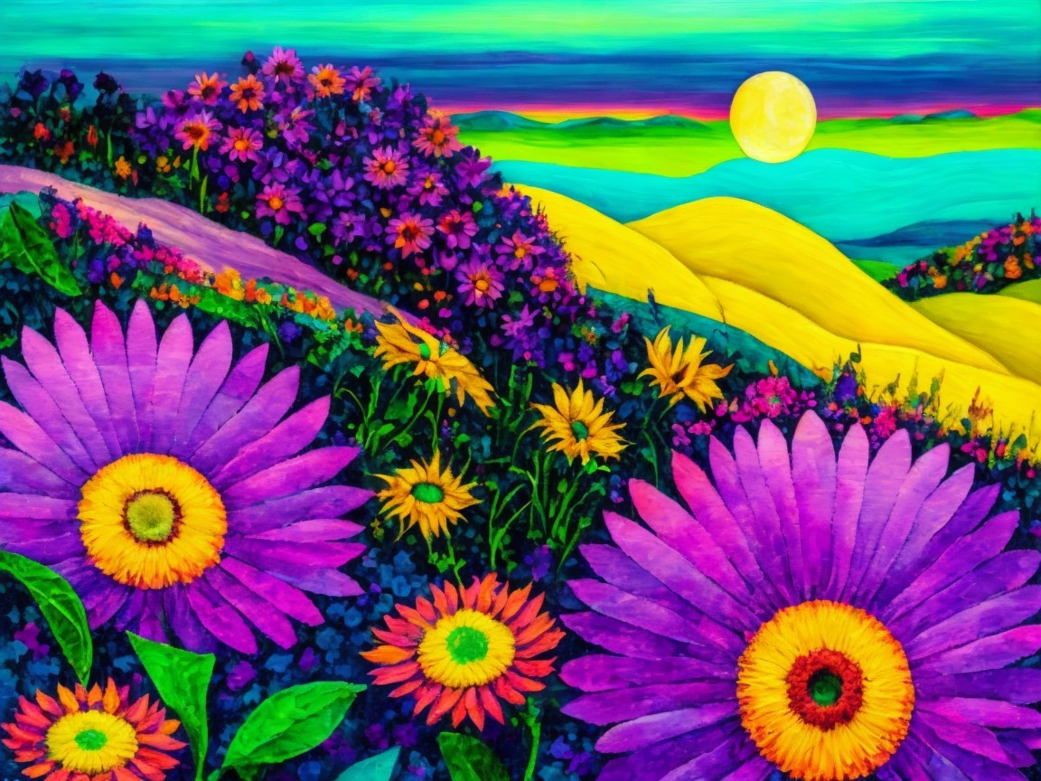 Vibrant Landscape with Colorful Flowers and Hills