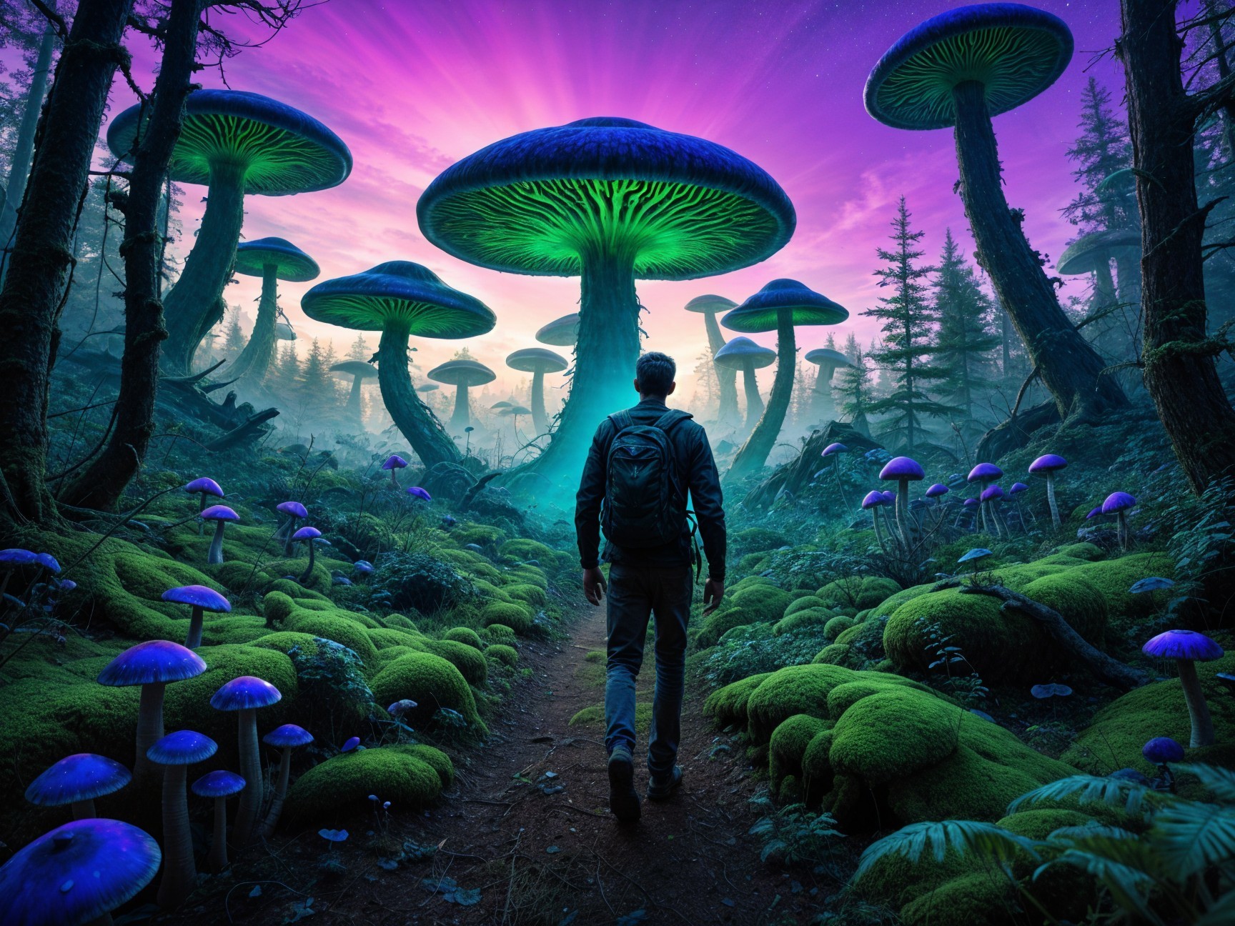 Lone Traveler on a Mossy Path in a Mystical Forest