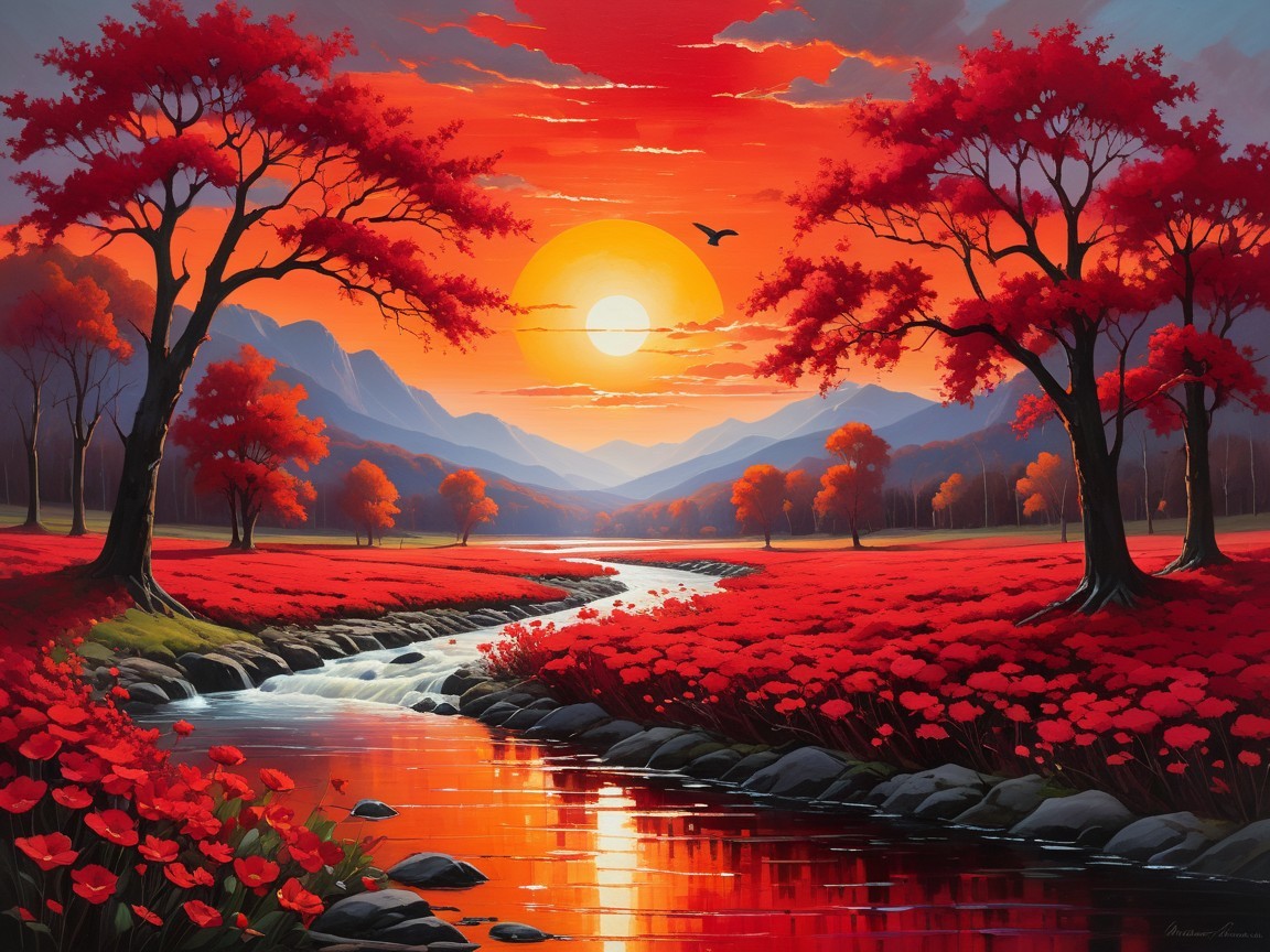 Vibrant Sunset Over Serene Landscape with Mountains