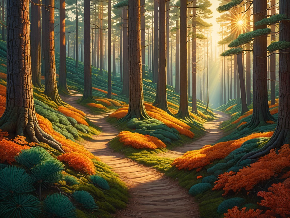 Serene Forest Scene at Dawn with Vibrant Foliage