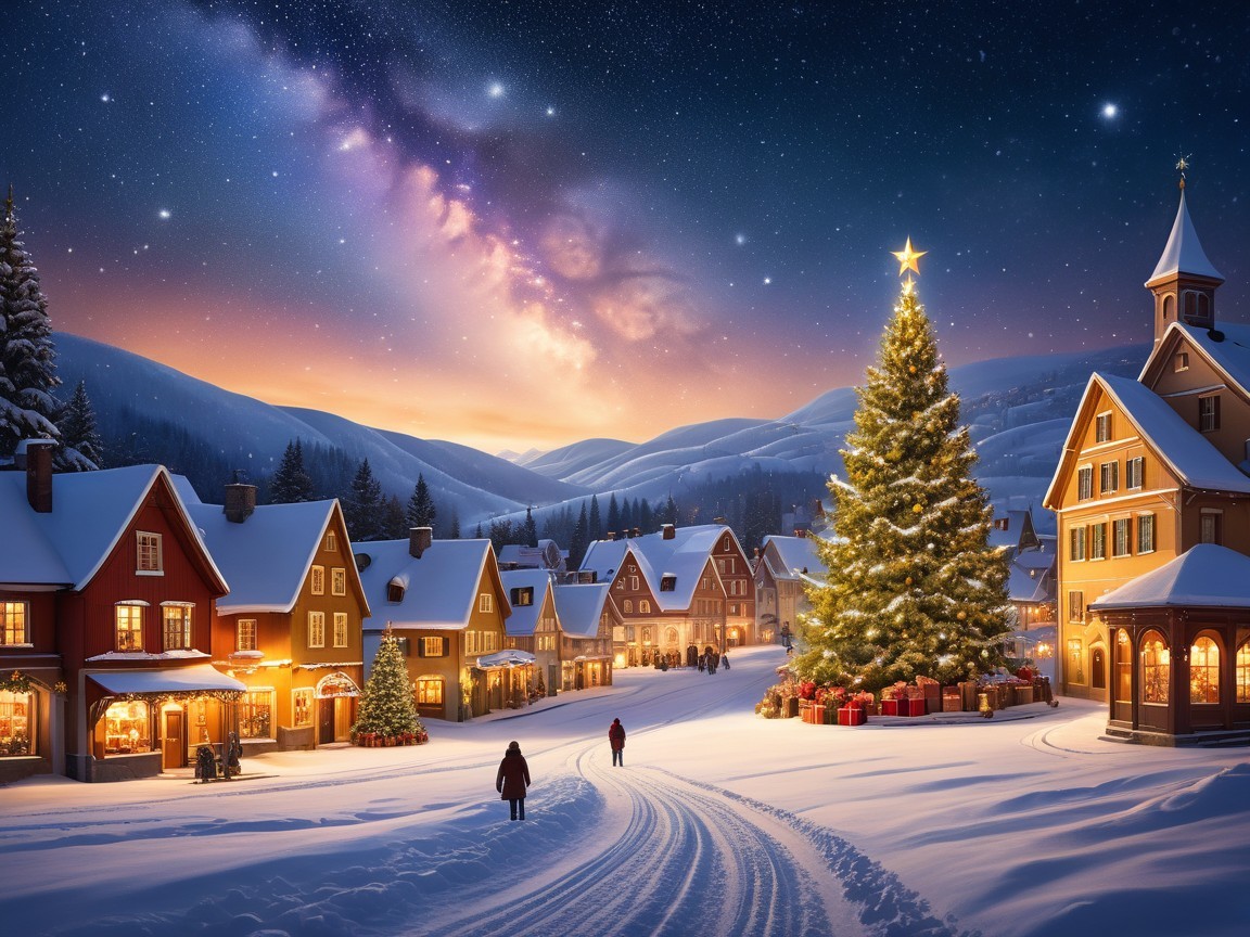 Festive Village Street Scene in Wintry Twilight