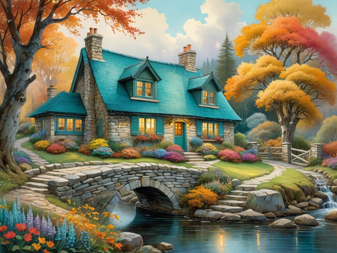 Charming Stone Cottage by a Serene Stream in Autumn