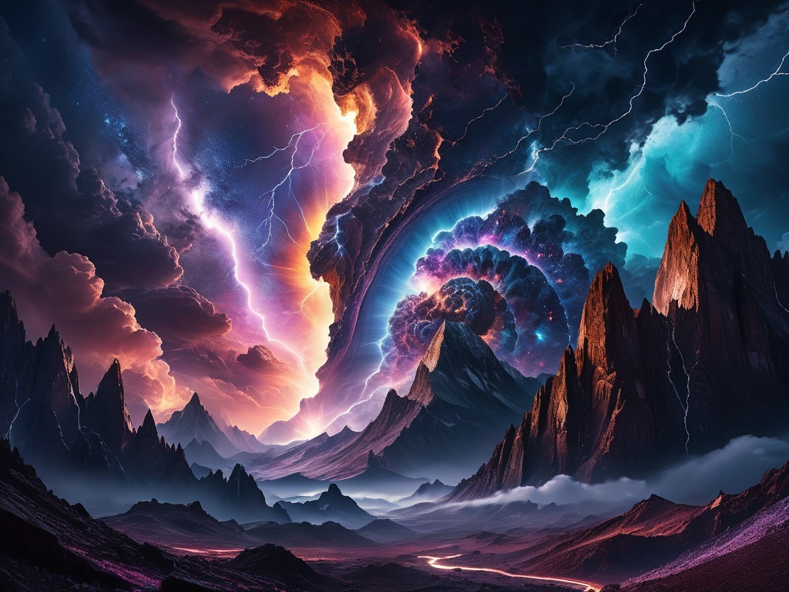Apocalyptic Fantasy Landscape with Dark Mountains and Vortex