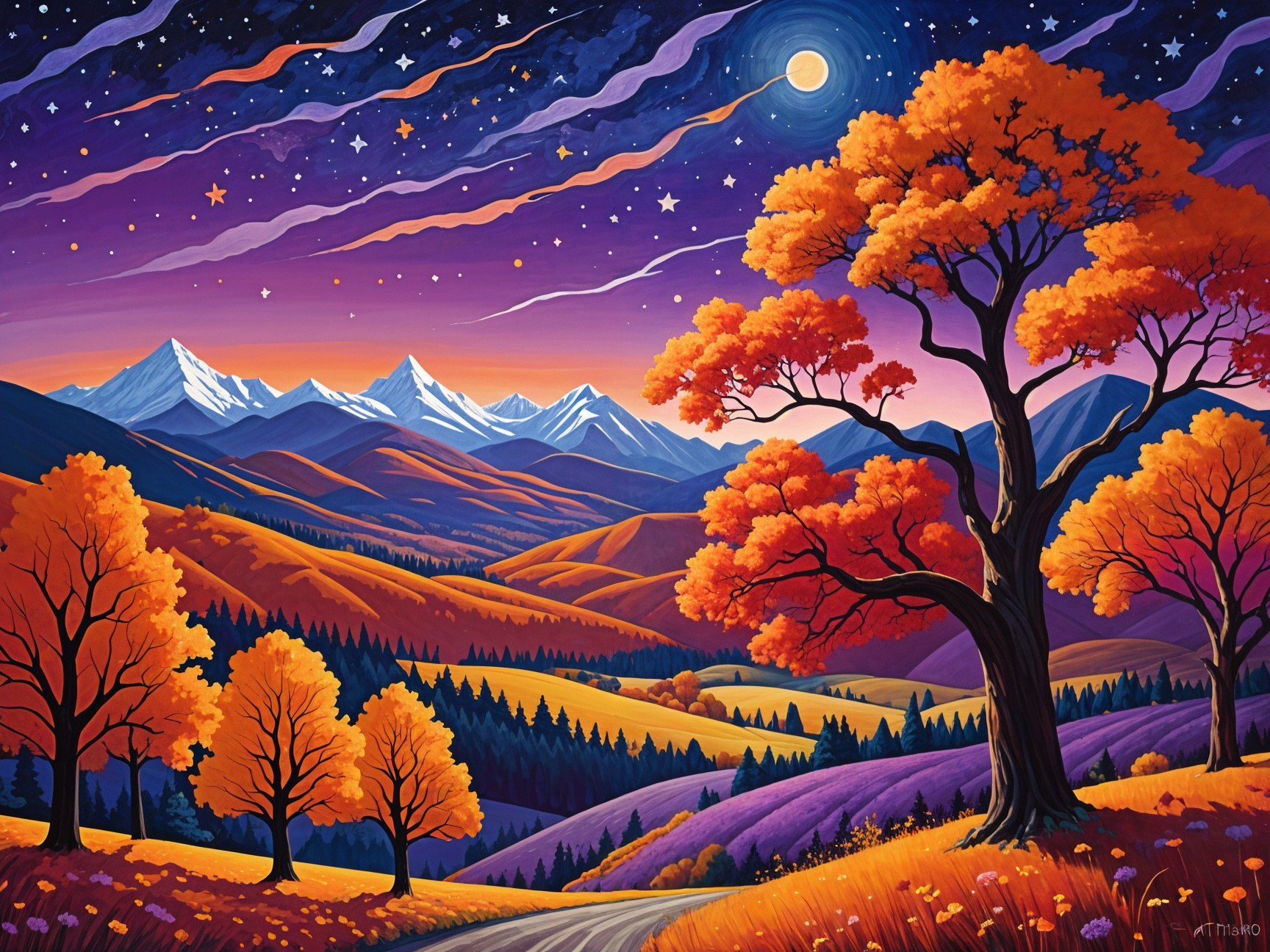 Vibrant Autumn Landscape with Mountains and Moonlight