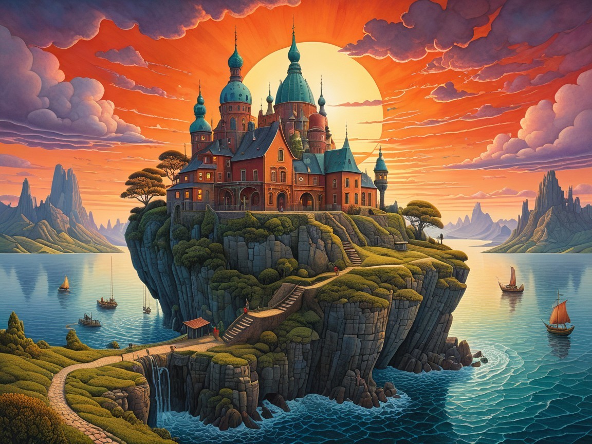 Castle on Rocky Island at Sunset with Tranquil Waters